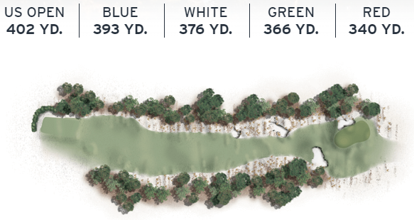 Layout of Pinehurst No. 2's 1st hole, a par 4 with a domed green and fairway placement that requires strategy.