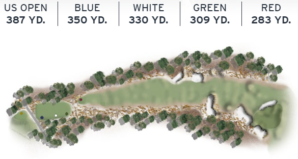 Layout of Pinehurst No. 2's 3rd hole, a short par 4 offering a risk-reward drive to an elevated green.