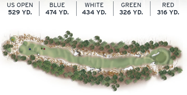 Layout of Pinehurst No. 2's 4th hole, a par 4 with a downhill tee shot and a narrow, false-front green.