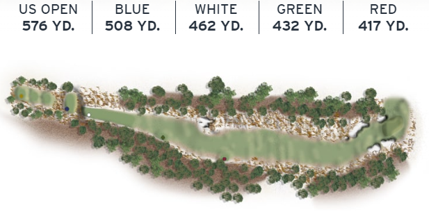 Layout of Pinehurst No. 2's 5th hole, a par 5 with a sloping fairway and challenging approach to an elevated green.