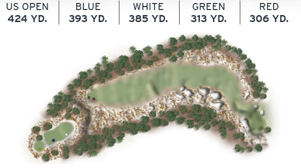 Layout of Pinehurst No. 2's 7th hole, a par 4 with a sharp dogleg right and a sloping green.