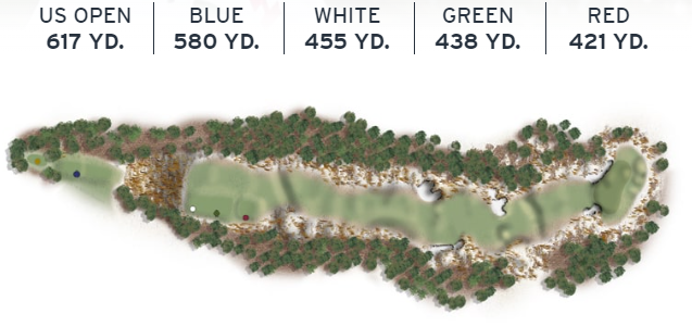 Layout of Pinehurst No. 2's 10th hole, a lengthy par 5 with multiple bunkers and a raised green.