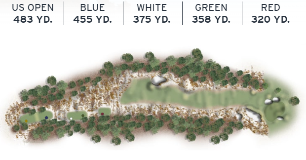 Layout of Pinehurst No. 2's 11th hole, a par 4 with ample fairway and notorious waste areas on both sides.