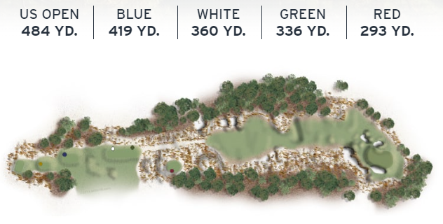 Layout of Pinehurst No. 2's 12th hole, a par 4 with a subtle dogleg right and a challenging bean-shaped green.