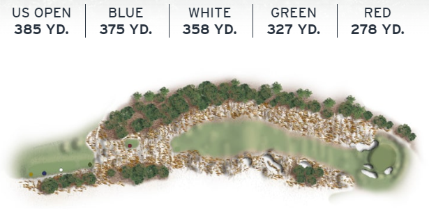 Layout of Pinehurst No. 2's 13th hole, a classic Ross par 4 with a dogleg right and an uphill approach shot.