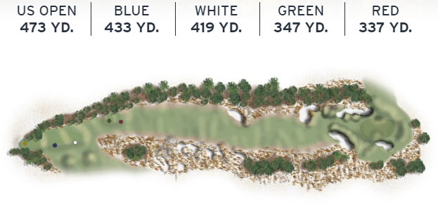 Layout of Pinehurst No. 2's 14th hole, a par 4 with a rightward tee shot and a crowned green with significant slope.