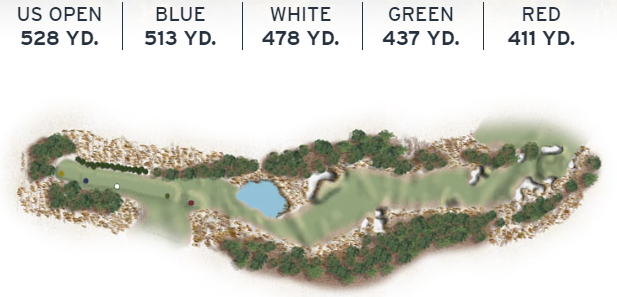 Layout of Pinehurst No. 2's 16th hole, a par 5 with a hidden bunker and a sharply sloped green.