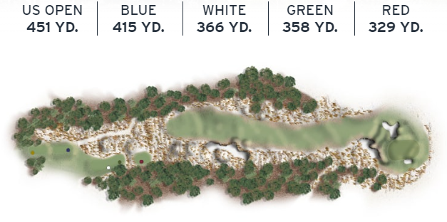 Layout of Pinehurst No. 2's 18th hole, a par 4 with a deep bunker on the right and a two-tiered green. Take in the overview of Pinehurst resort.